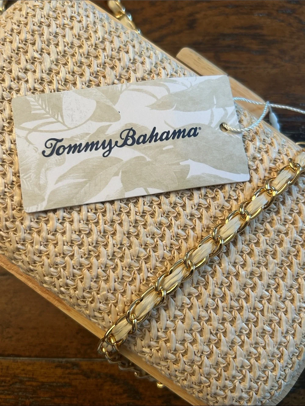 Tommy Bahama Raffia Woven Wood Frame Crossbody Clutch Gold Chain Natural NWT